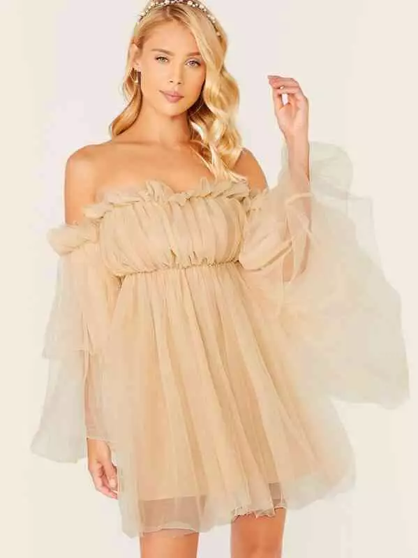 Мрежеста рокля - Off Shoulder Ruffle Mesh Dress