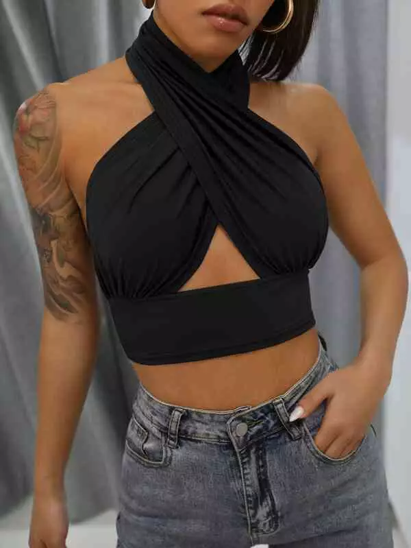 Плътен  потник -Solid Cross Crop Halter Top