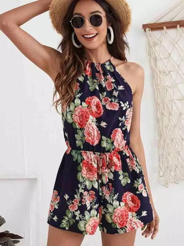 Гащеризон без ръкави  -Tie Back Floral Print Halter Romper